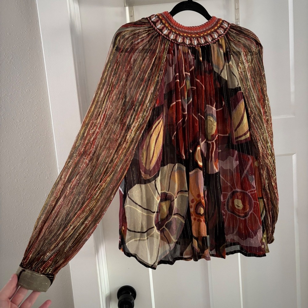 NWT BlΓ€nk Roxane Top Womens Floral Embellished Neck Tie Back Lurexβ Blouse Small